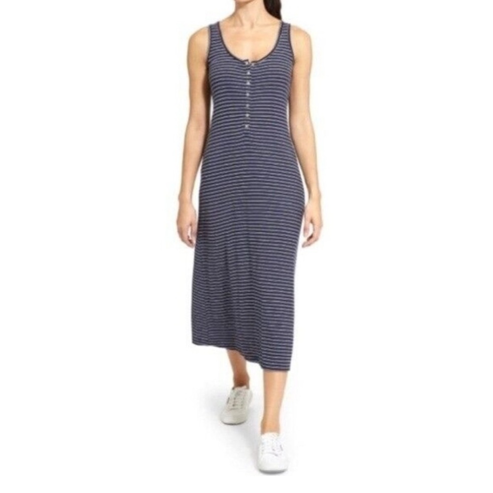 Athleta Hermosa Stripes Blue White Snap Front Ribbed Midi Dress Size Medium